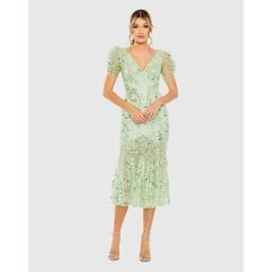 Mac Duggal  Green Puff Sleeve V Neck Floral Embellished Dress Size 10